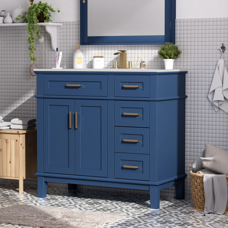 Bathroom Vanity With Ceramic Sink, Soft-Close Doors, 4 Storage Drawers - Blue