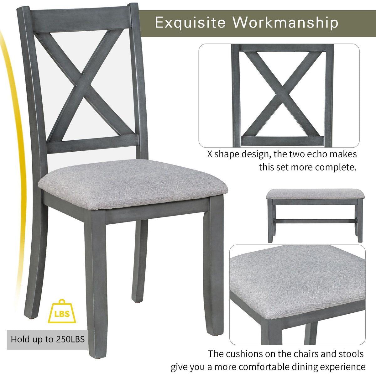 Foldable Dining Set For 6 With 4 Chairs And Bench, Space Saving Design - Gray