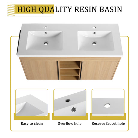 48" Freestanding Bathroom Vanity With Double Sink, 2 Soft Close Doors & 3 Open Shelves - Oak