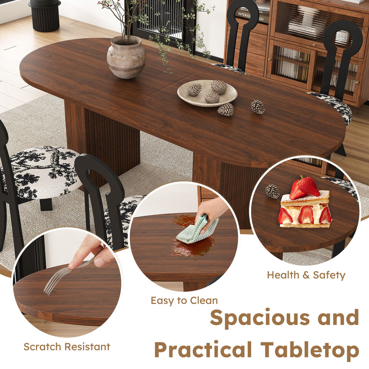 Oval Dining Table For 6 With 4 Upholstered Chairs - Walnut / Black