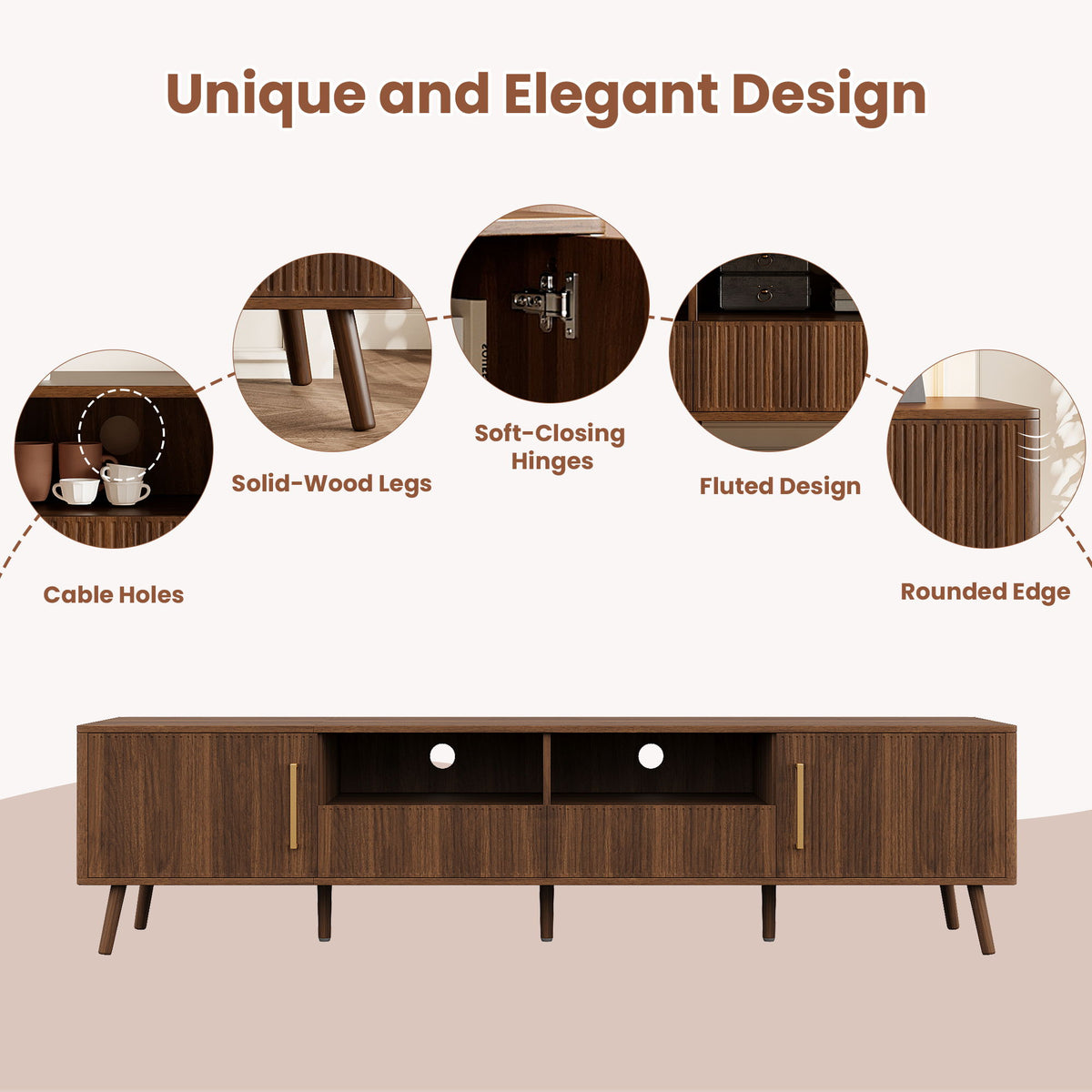 78" TV Stand For 85" TVs With Fluted Doors, Open Shelf, Cable Management - Walnut
