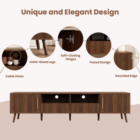 78" TV Stand For 85" TVs With Fluted Doors, Open Shelf, Cable Management - Walnut
