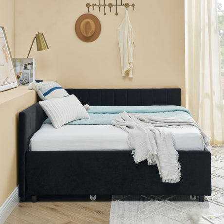 Full Size Upholstered Daybed With Trundle, Tufted Backrest And Armrests - Black