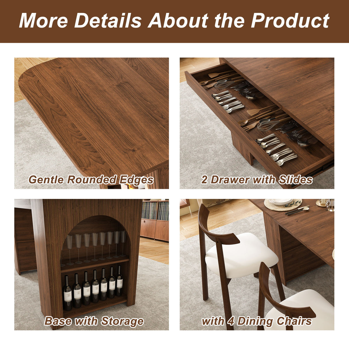 Dining Set With 4 Chairs, Table With Drawers & Open Shelf - Walnut