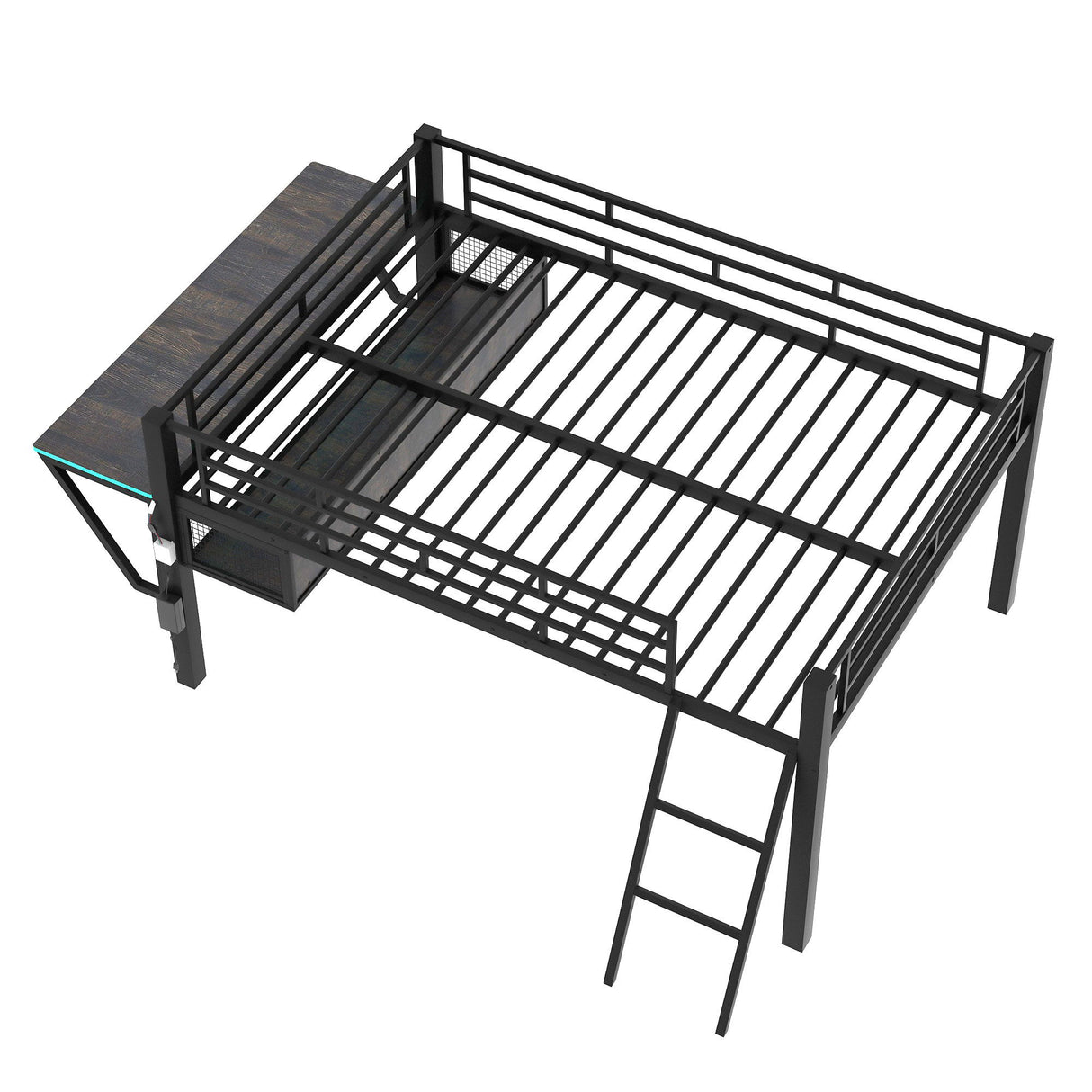 Gaming - Full Size Loft Bed With Desk, LED - Black
