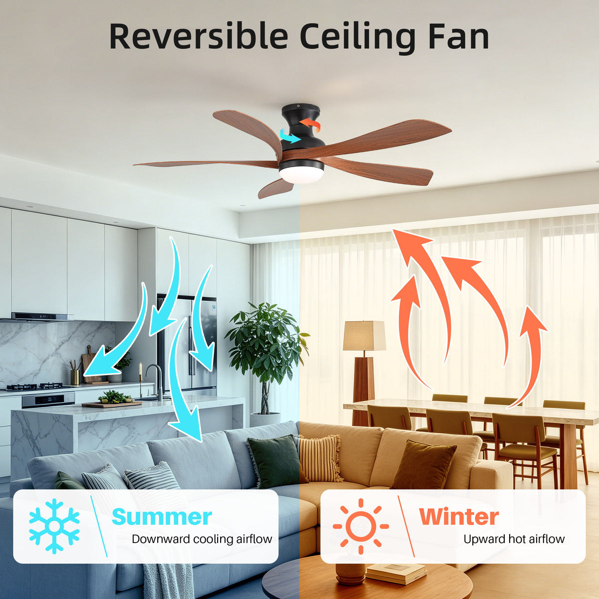 52" Ceiling Fan With 3 Color Dimmable LED Light, DC Reversible Motor, 6 Speed Settings