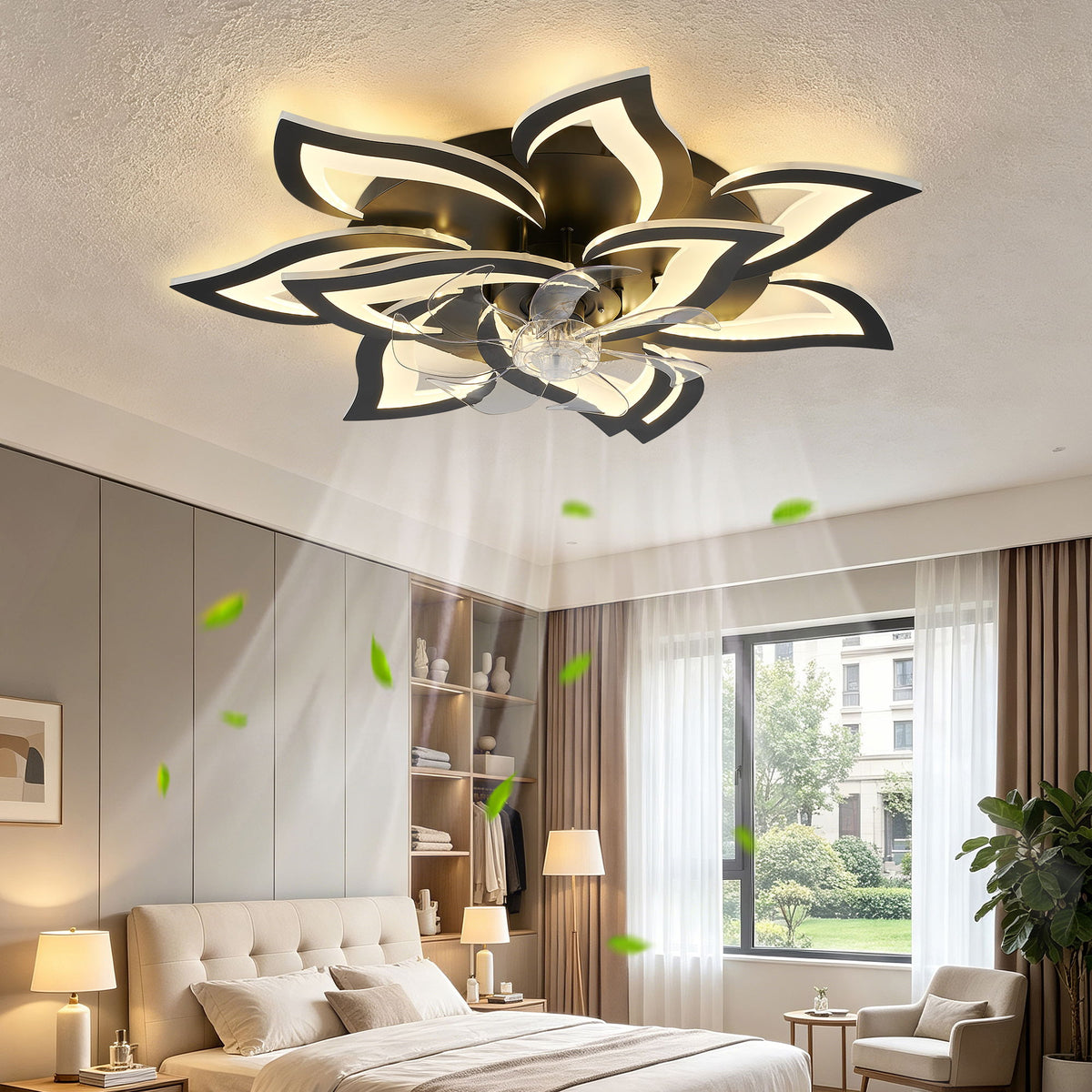 32" Flower Ceiling Fan With LED Dimmable Light, Low Profile Flush Mount Fan With Remote Control, 6 Speeds
