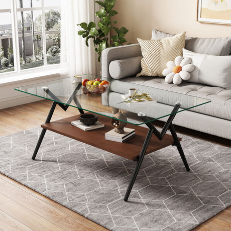 Rectangle Coffee Table With Tempered Glass Top And Shelf