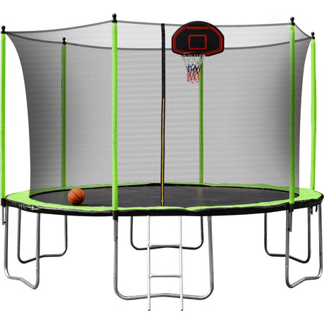 14Ft Trampoline With Basketball Hoop Inflator And Ladder (Inner Safety Enclosure) - Green - Trampolines - Alpine Outlets