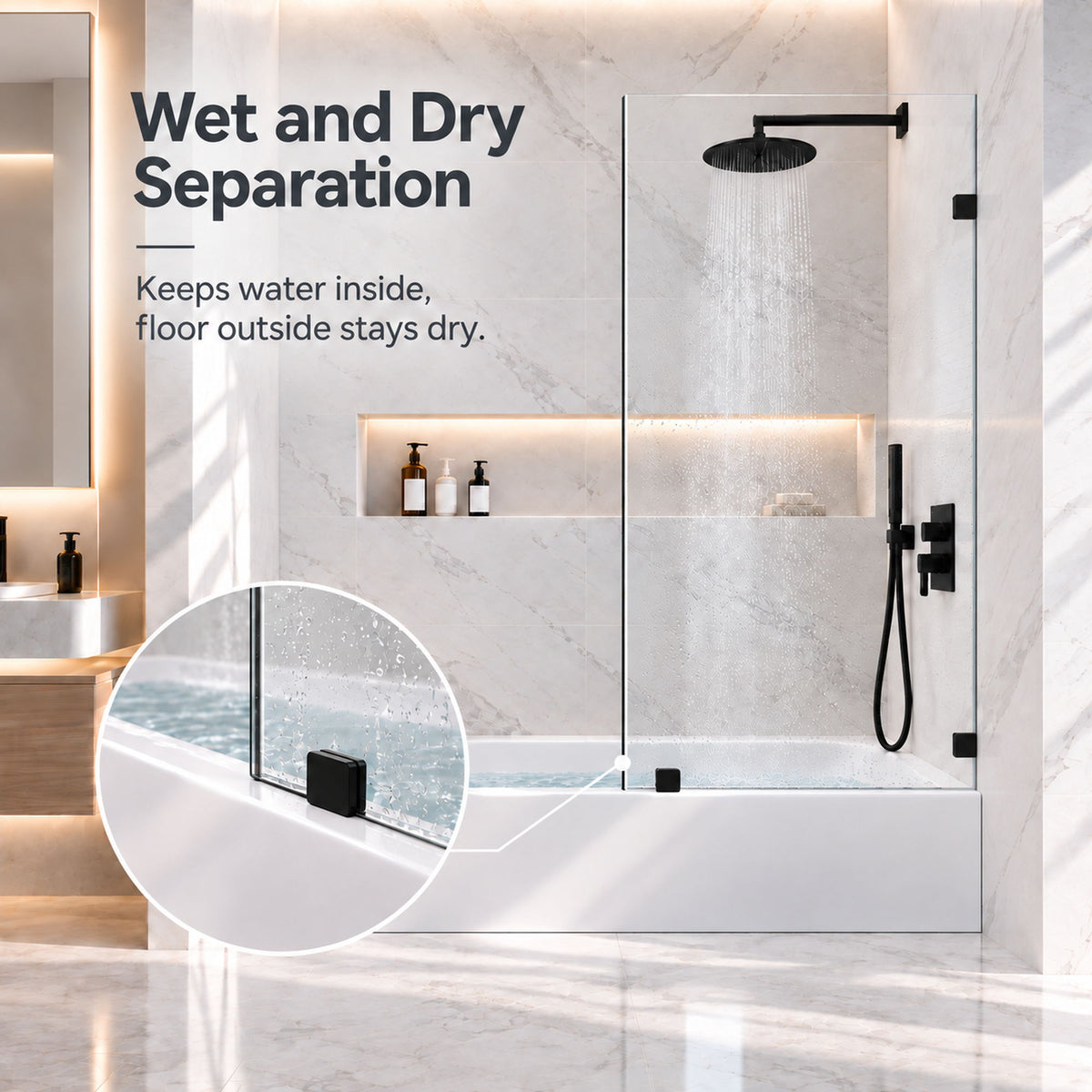Frameless Bathtub Shower Screen, Reversible Installation