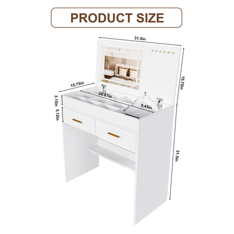Flip Top Vanity Desk With LED Mirror & Outlet Makeup Table With 2 Drawers, Open Storage, And Jewelry Hooks - White