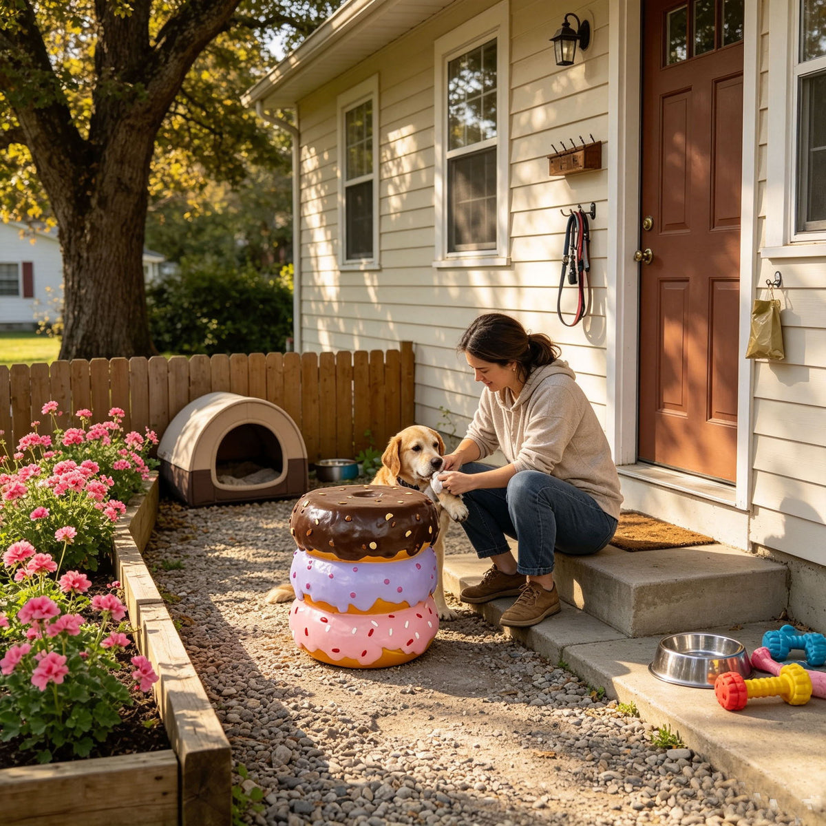 Stacked Donut Stool With Sprinkles Detail, Figurine Seat For Indoor Outdoor Decor - Light Natural