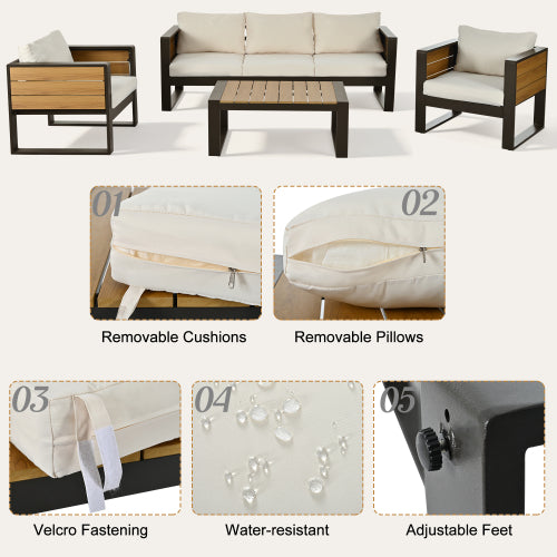 Large 4-Piece Aluminum Frame Outdoor Patio Furniture Set Beige Cushions