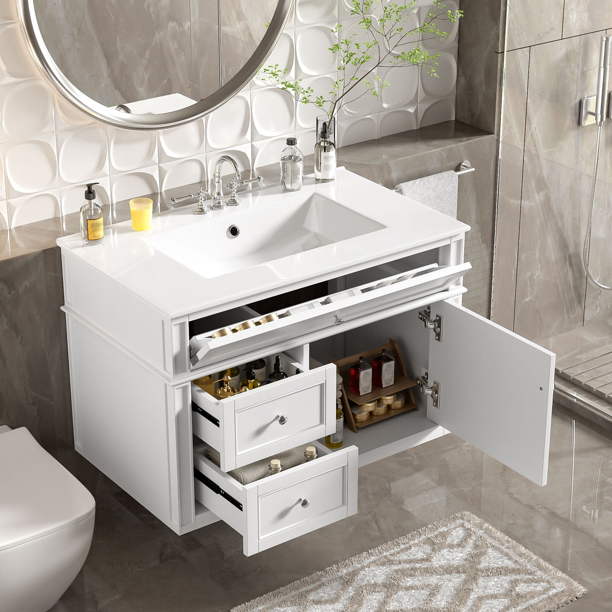 Wall Mounted Bathroom Vanity With 2 Drawers, 1 Tip Out Drawer, 3 Holes Sink