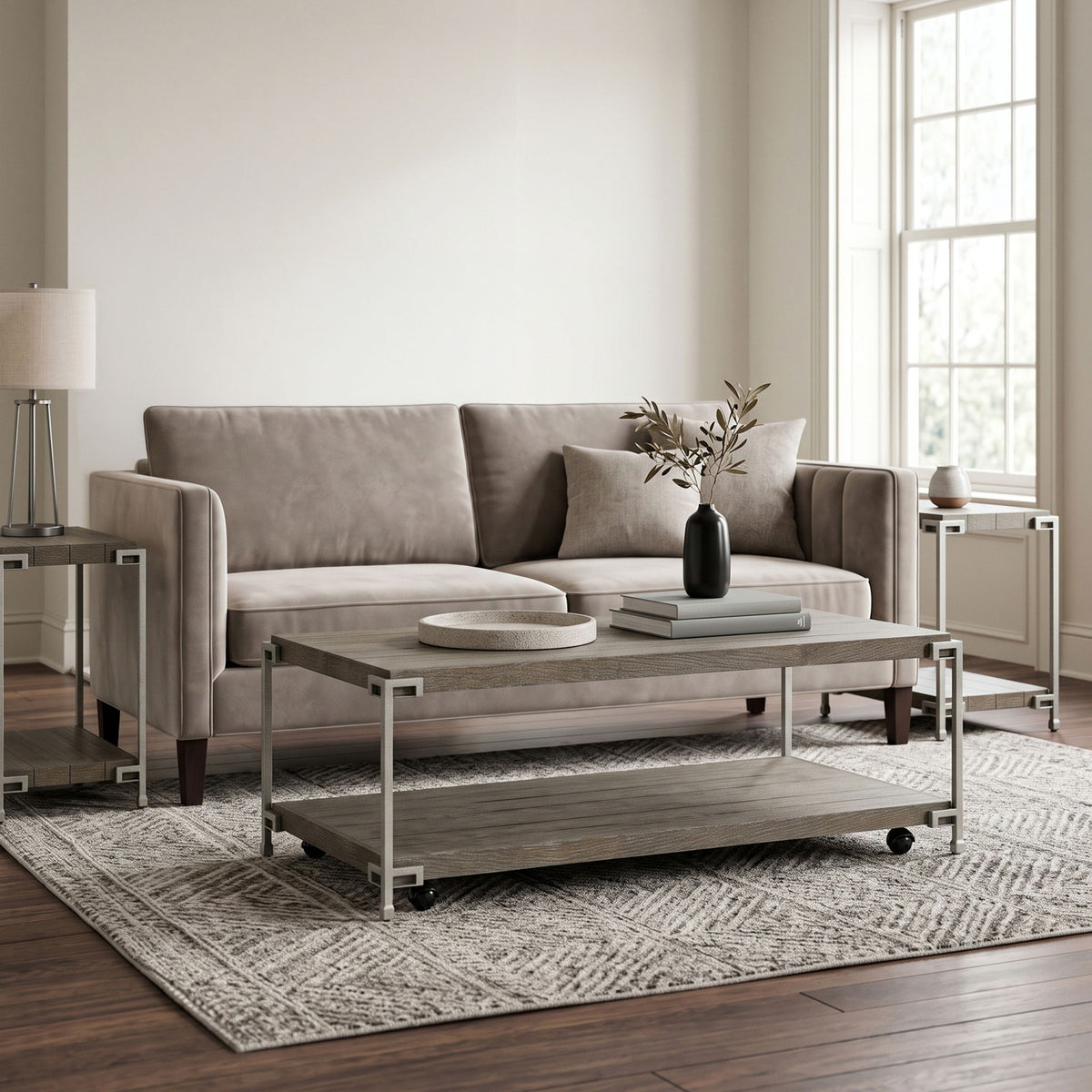 Corbeta - 3 Piece Metal Frame Wood Living Room Coffee Table And 2 Chairside Tables Set, Aged Graphite - Brown
