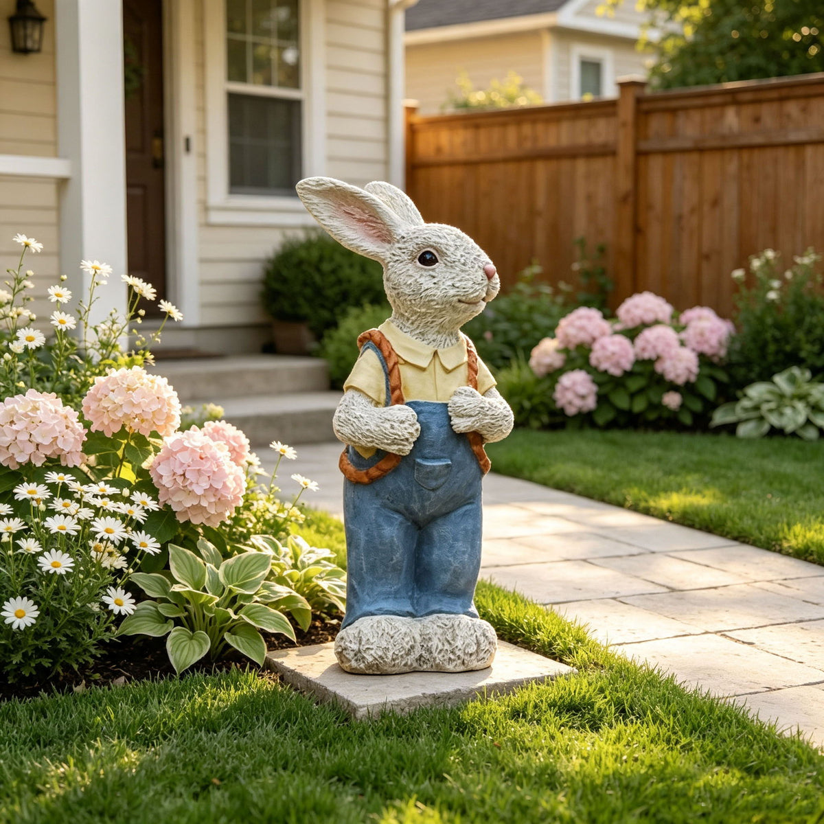 Simulated Couple Rabbit Statue Flower Pot Ornament, Resin Garden Sculpture Decor - Blue / White