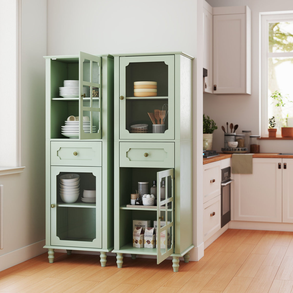 Curio Cabinet, Freestanding Vintage Display Storage Cabinet, Adjustable Shelves - Green