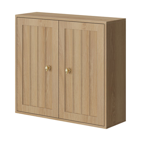 Wall Mounted Bathroom Cabinet With Double Doors And Vertical Grooved Design For Bathrooms - Oak