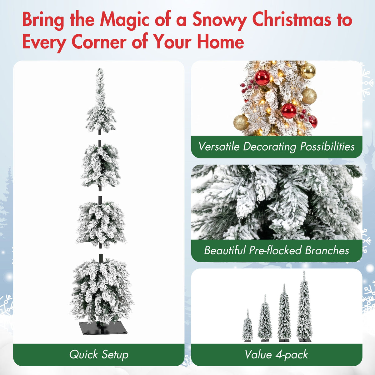 4 Pack Slim Pencil Christmas Trees With Snow Tips, Warm LED Lights, For Indoor Use - Green