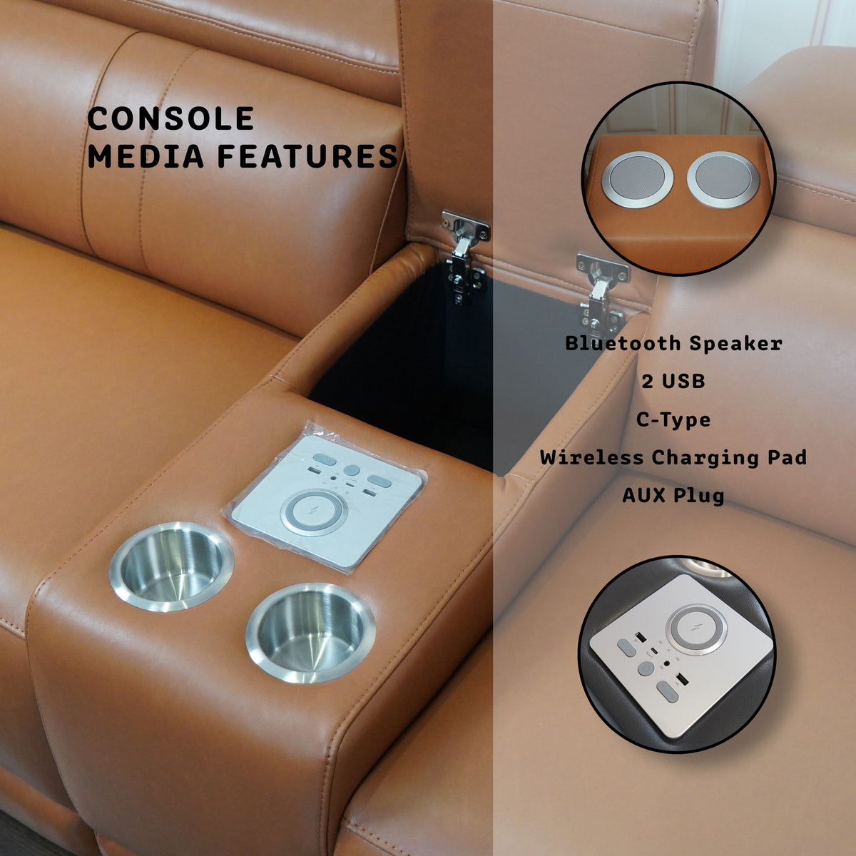 L - Shaped Recliner Sectional Sofa With Bluetooth Speakers, Wireless Charging, LED Lights