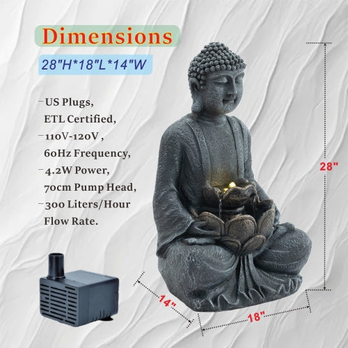28" Height Zen-Style 2-Tier Meditating Buddha Water Fountain with Pump & LED Light, Outdoor Waterfall & Buddha Statue for Garden, Patio & Backyard