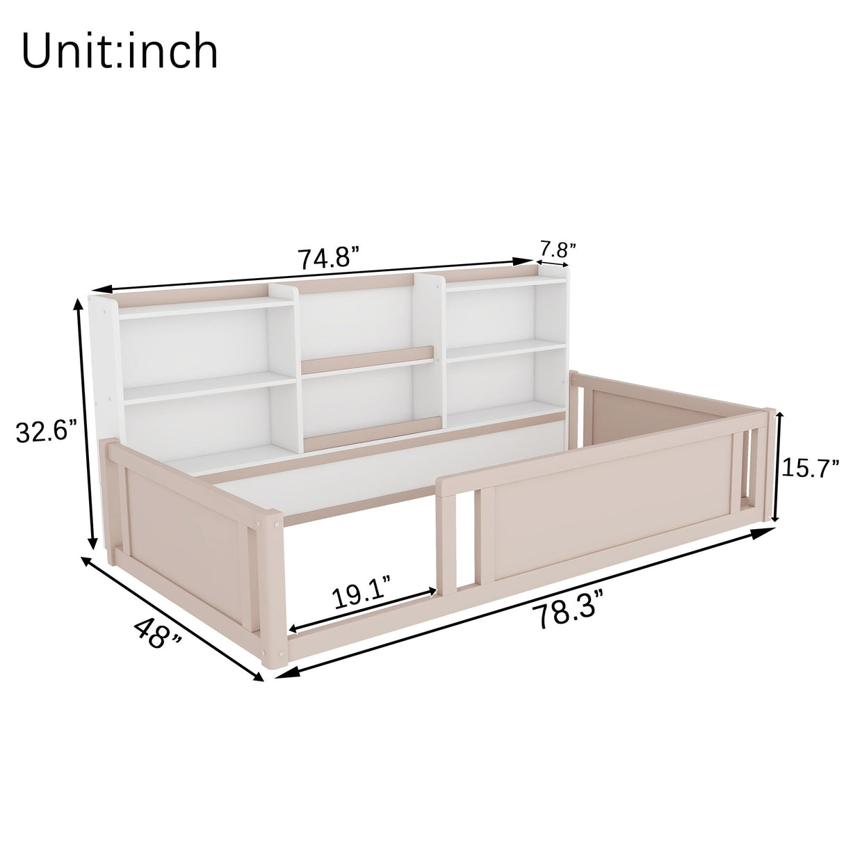 Platform Floor Bed With Guardrail Fence And Side Storage Shelves