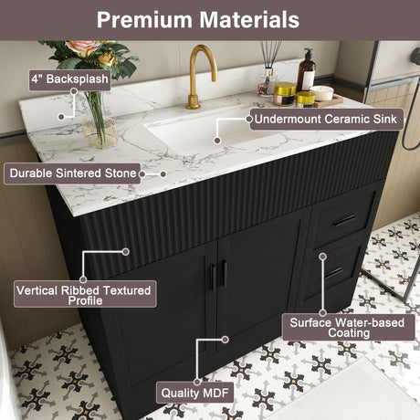 Bathroom Vanity Set, Fluted Cabinet, Soft Close Doors With Drawers, Single Faucet Hole, Sink Included - Black