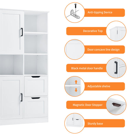 Freestanding Bathroom Storage Cabinet With Doors And Drawers, Adjustable Shelf, Open Shelves - White