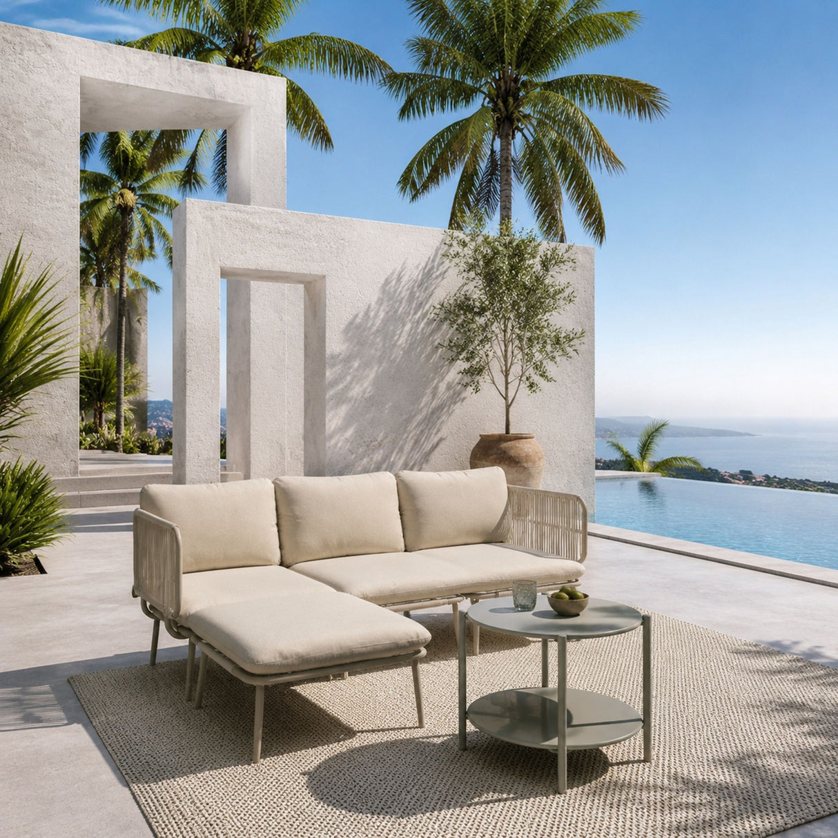 Round Outdoor Coffee Table With Shelf For Garden - Gray