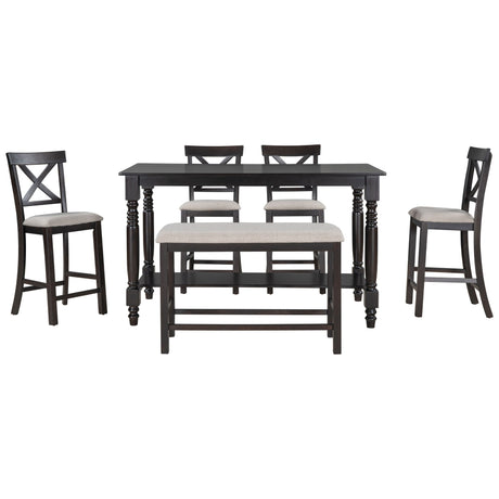 Counter Height Dining Set With Shelf, 4 Chairs And Bench