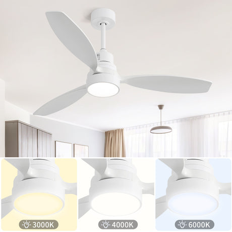 52" Ceiling Fan White 3 Blades Remote Control Reversible DC Motor With LED Light - Matte White