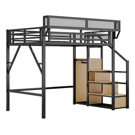 Full Size Loft Bed With Stairs With Storage Shelves With Wardrobe - Black