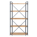 Yorktown - Industrial 5 Shelf Bookcase With Metal Pipework And Solid Fir - Natural