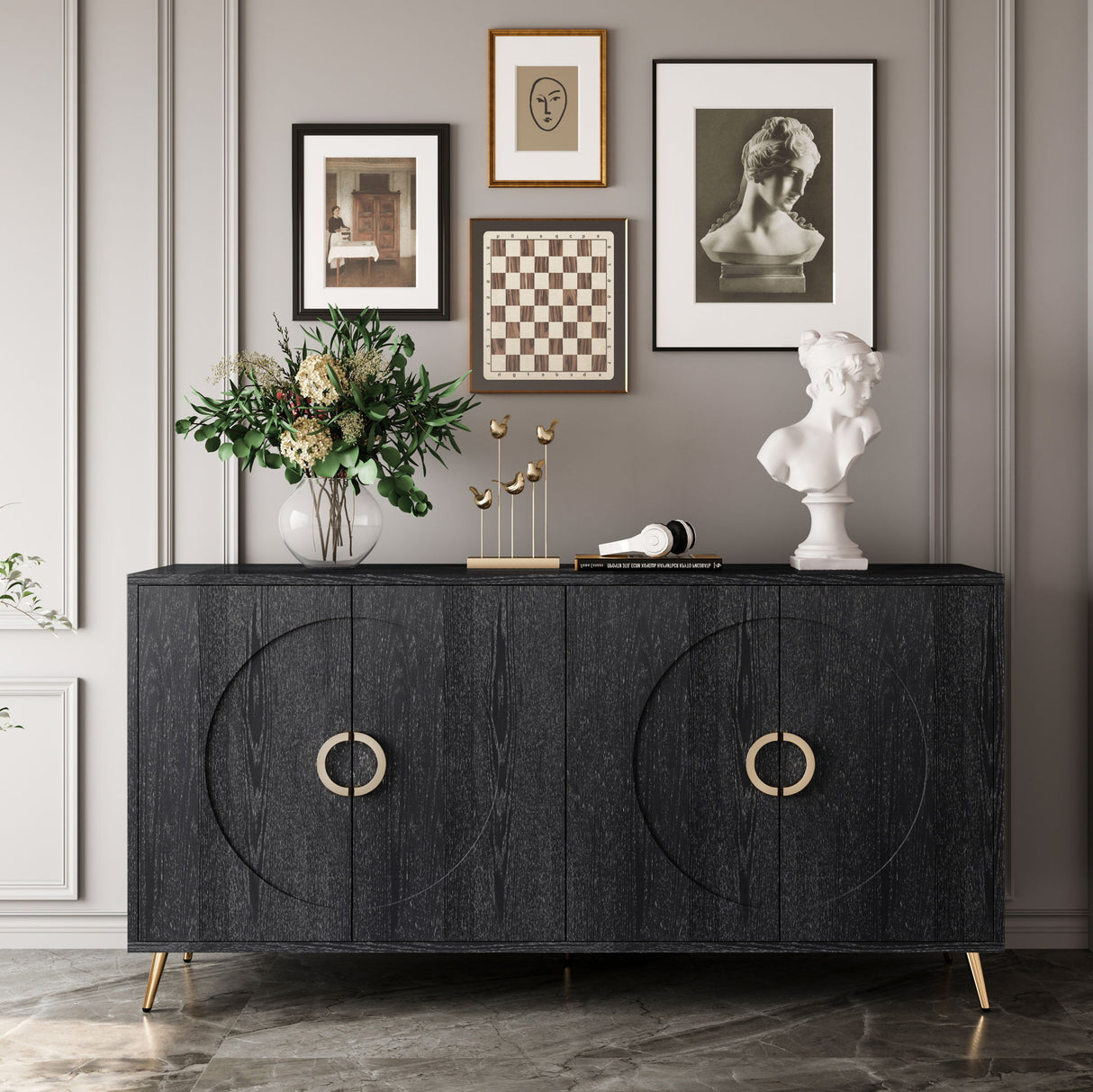 Modern Sideboard Buffet Server Cabinet Lacquered Wood Storage 60x31in