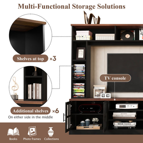 Wall Unit Entertainment Center With Bookshelves For TVs Up To 80", Tempered Glass Doors And Adjustable Shelves