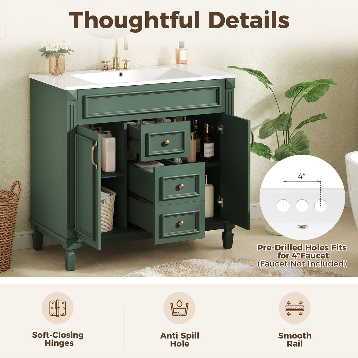 Bathroom Vanity With Top Sink, Cabinet With 2 Soft Closing Doors And Drawers