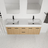 Floating Double Sink Bathroom Vanity With Drawers And Doors, Extra Large Storage, Integrated Sink, Soft Close Hardware - Glossy White / Light Oak