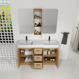 Double Sink Bathroom Vanity Set With Tall Linen Cabinet, 3 Drawers, Extra Large Storage, Integrated Sink, Freestanding Cabinet - Light Oak / White
