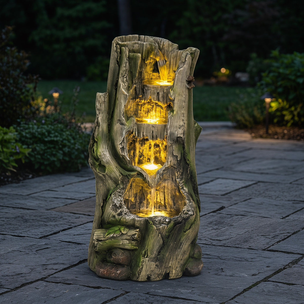 Outdoor Water Fountain, Tree Stump Cascading Fountain With Warm LED Lights - Earthy Yellow