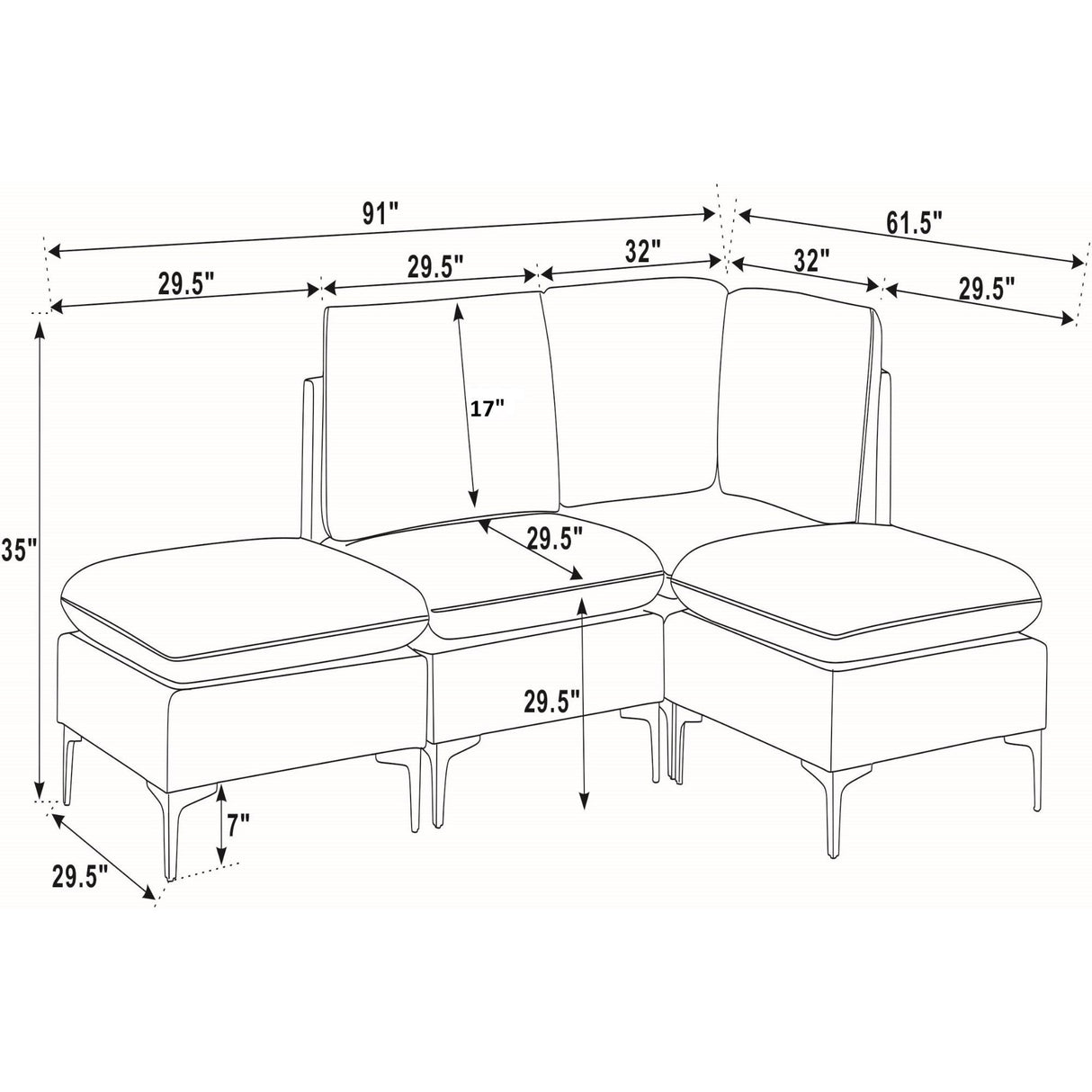 Upholstered Modular Sectional With Tall Legs, Medium Firm Seat