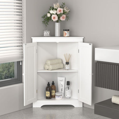 Corner Cabinet With 2 Doors And Adjustable Shelves, Freestanding Narrow Storage Organizer For Bathroom - White