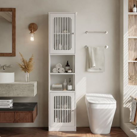 Tall Bathroom Cabinet With Adjustable Shelves, Louvered Door Floor Standing Storage Unit - White