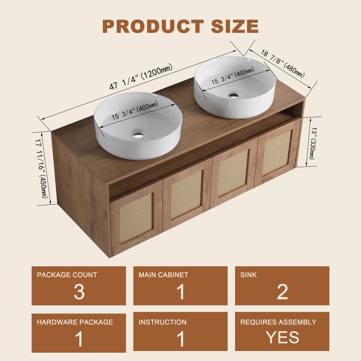 Bathroom Vanity & Art Sink, 2 Soft Close Doors, Float Mounting Design