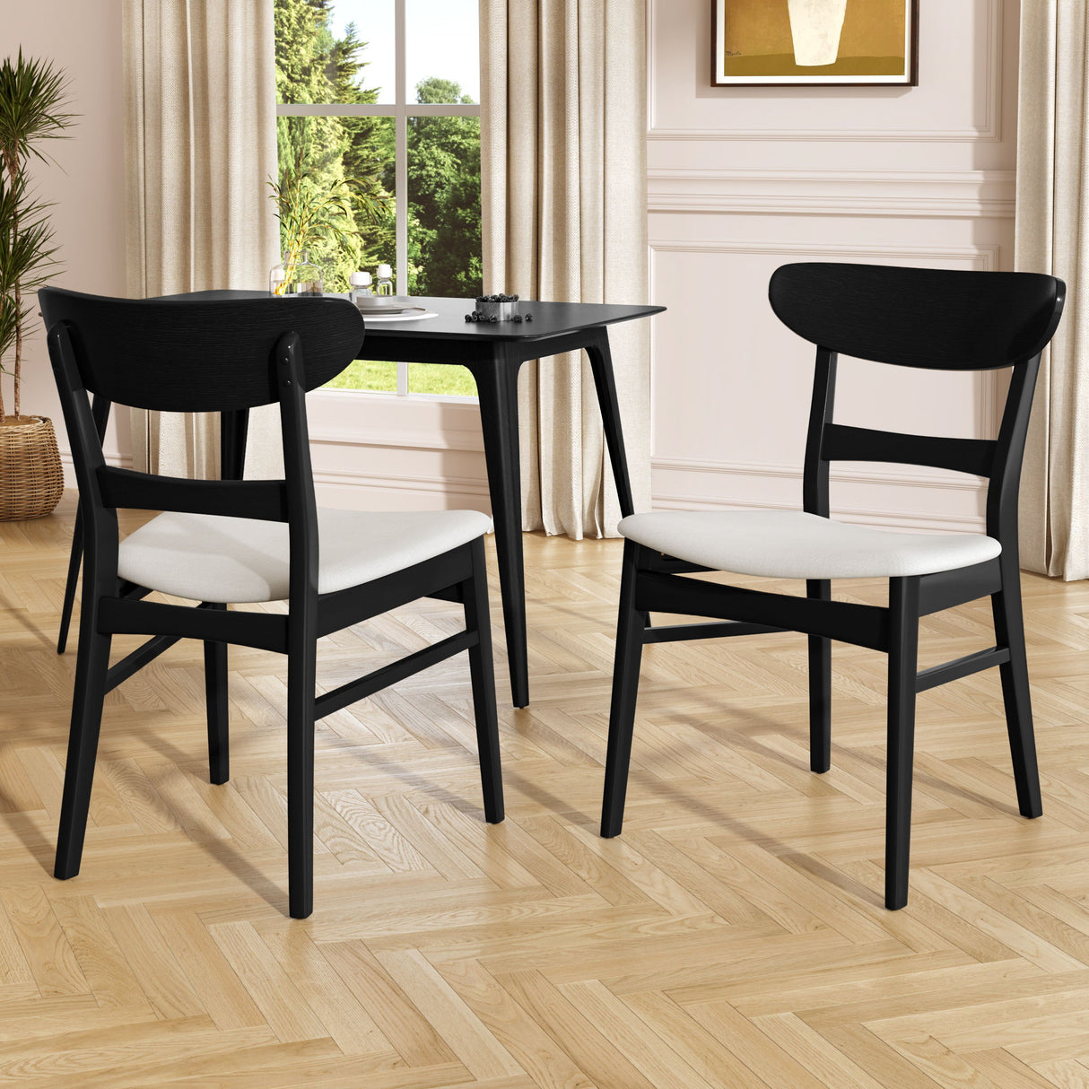 Dining Chairs With Upholstered Seat (Set of 2) - Black / Light Beige