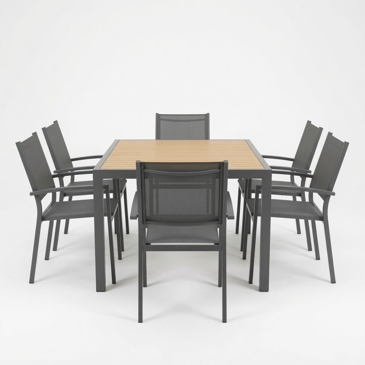 7 Piece Gray Patio Dining Set With Hdps Table And Textilene Chairs For Outdoor Use, Metal Furniture