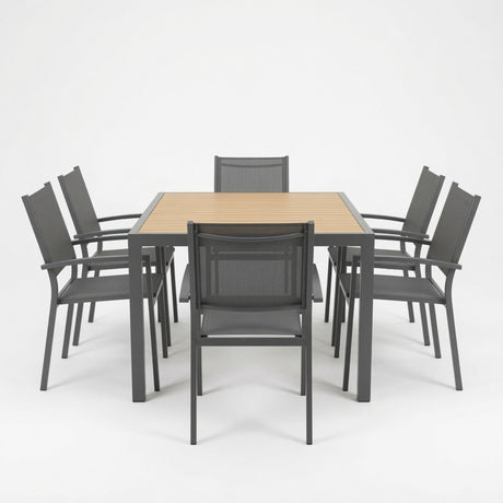 7 Piece Gray Patio Dining Set With Hdps Table And Textilene Chairs For Outdoor Use, Metal Furniture