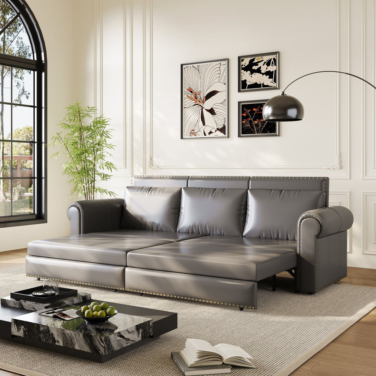 3 In 1 Convertible Sleeper Sofa With Nailhead Trim & Rolled Arm