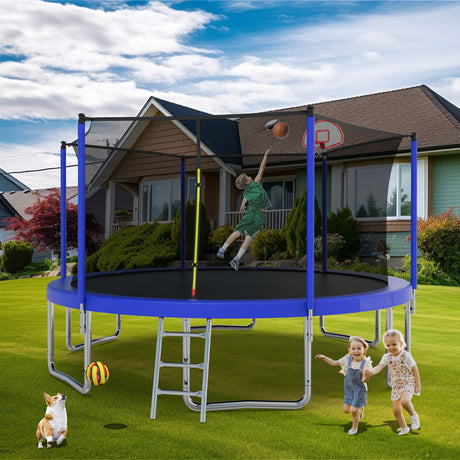 14Ft For Kids Children With Safety Enclosure Net Outdoor Backyards Large Recreational Trampoline - Blue - Trampolines - Alpine Outlets