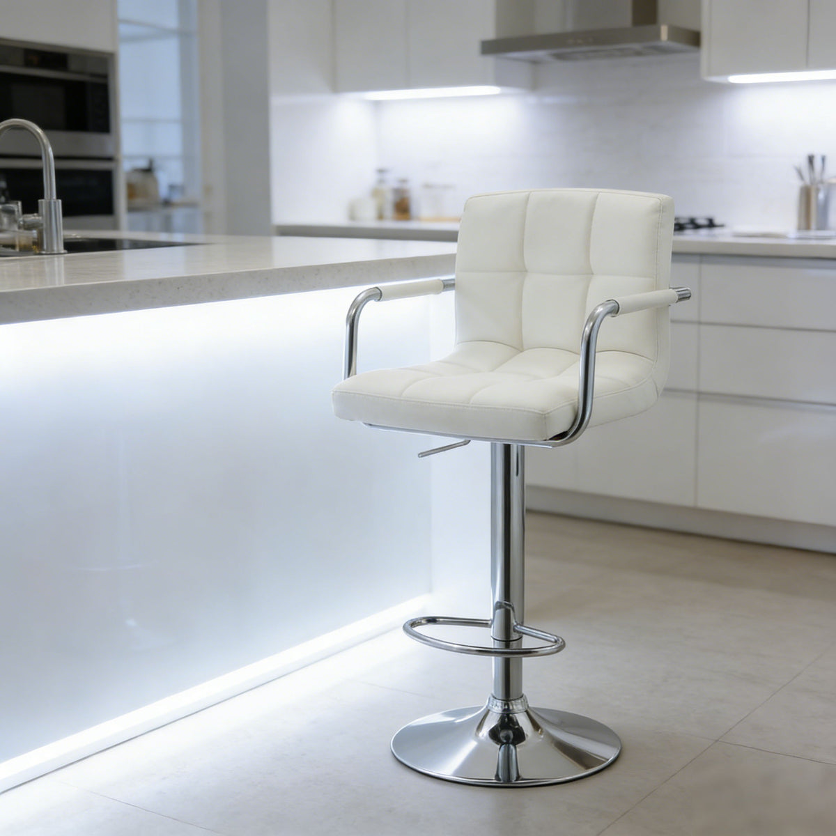 Adjustable Swivel Arm Bar Stool With Cushion - White