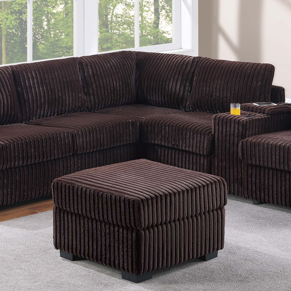 Contemporary L-Shaped Sectional Set With USB Console & Ottoman